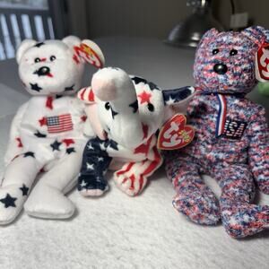 Lot of 3 Ty Beanie Babies - Glory Bear, USA Bear, Righty 2000 Elephant